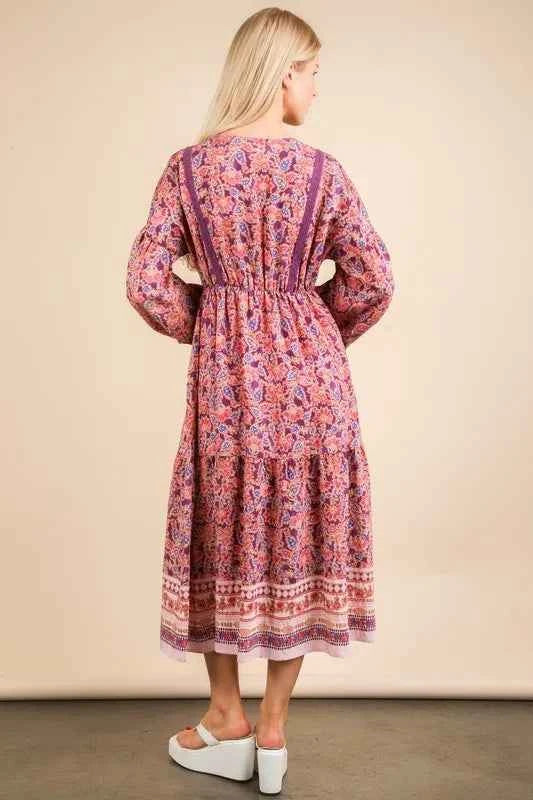 VERY J Floral Printed Boho V-Neck Balloon Sleeve Dress