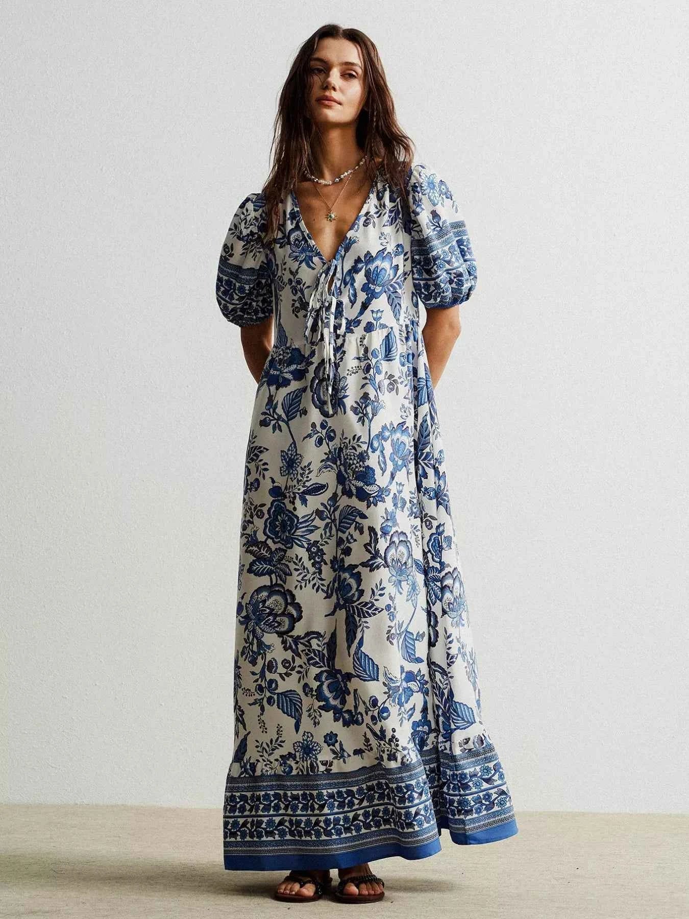 Floral Print Tie-Neck Puff Sleeve Maxi Dress