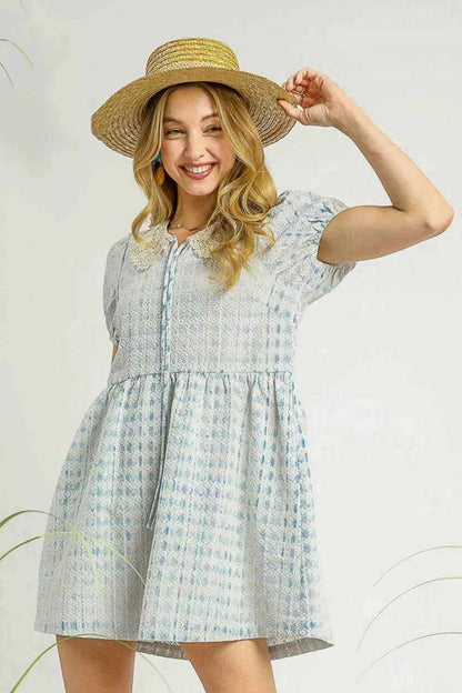 Umgee Lace Detail Short Puff Sleeve Mini Dress