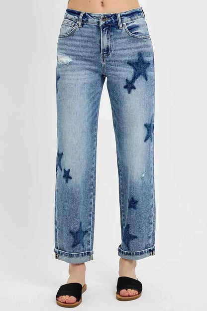 RISEN Full Size Mid Rise Boyfriend Star Shadow Detail Cuffed Jeans Plus Size