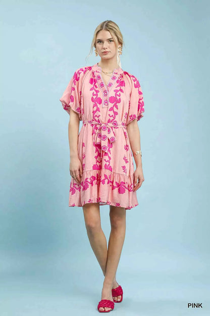Umgee Floral Tie-Waist Boho Mini Dress