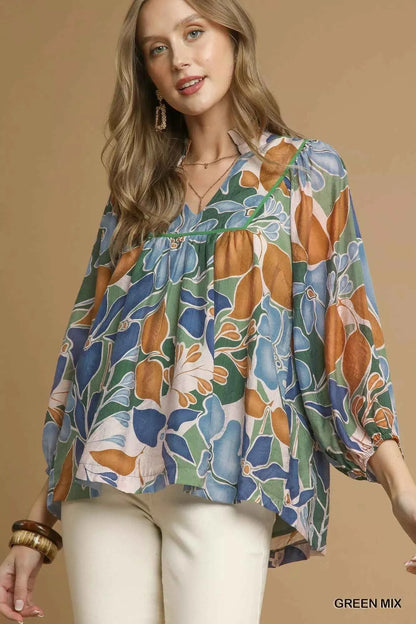 Umgee Multicolor Abstract Floral Print Blouse with Ruffle Neck