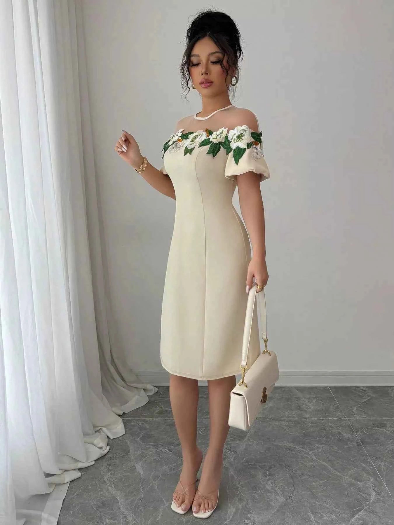 Floral Embroidered Puff Sleeve Dress with Mesh Shoulder