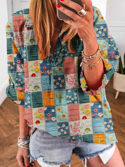 Patchwork Print Notched Long Sleeve Blouse