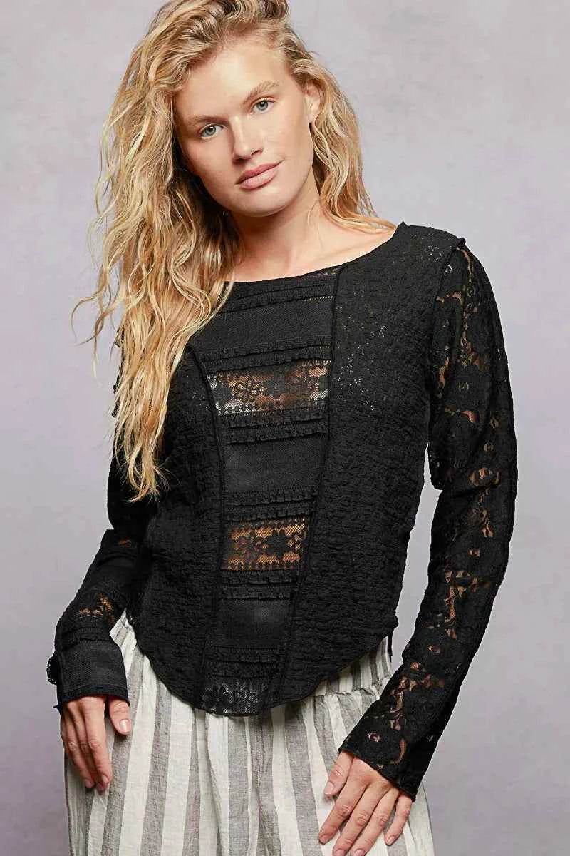 POL Round Neck Long Sleeve Exposed Seam Top with Lace Detail