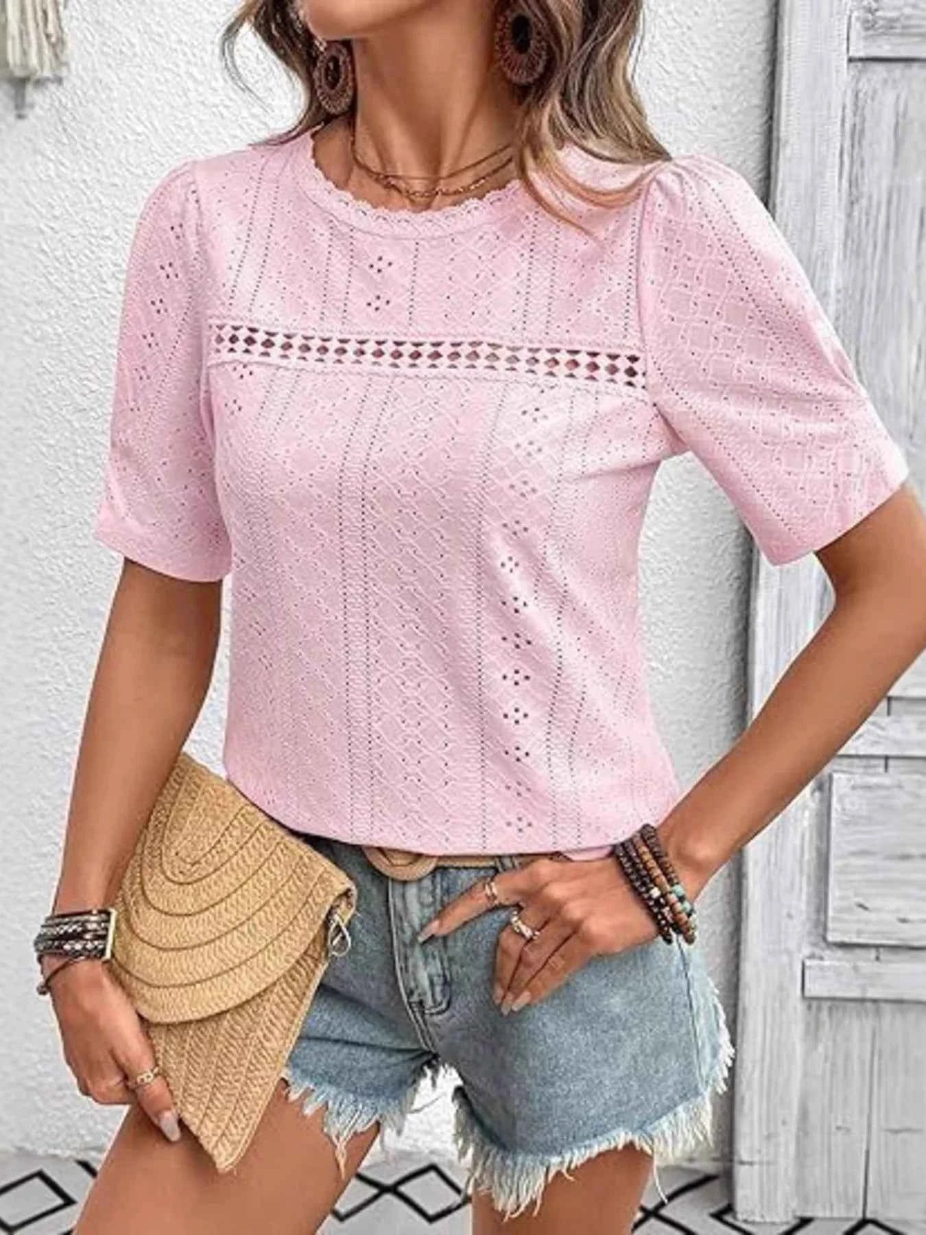 Eyelet Lace Detail Short Sleeve Blouse