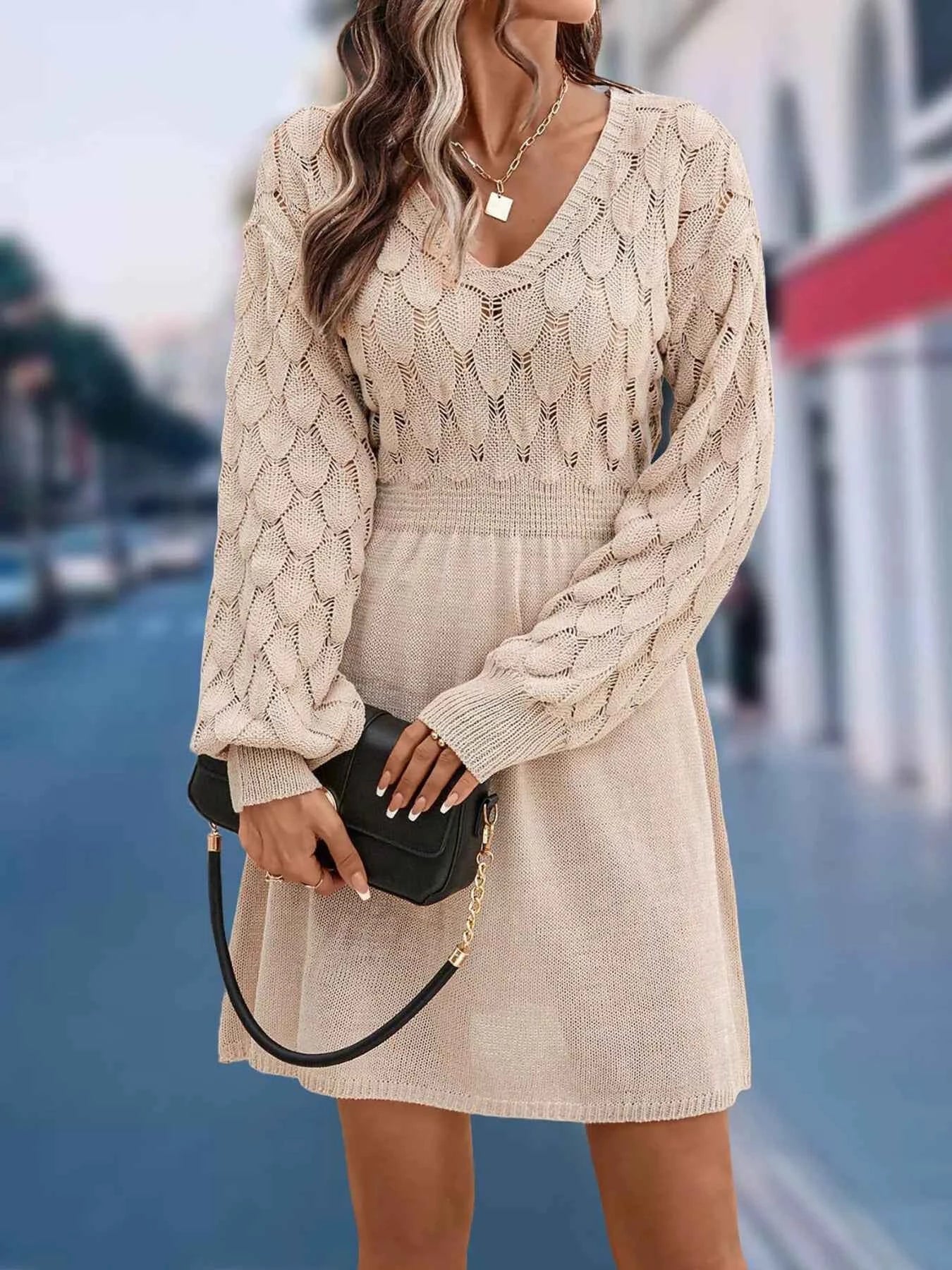 V-Neck Long Sleeve Sweater Dress