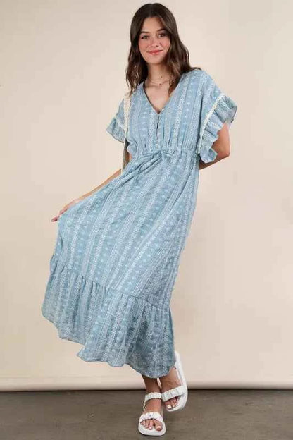 VERY J Embroidered Boho Ruffled Midi Dress