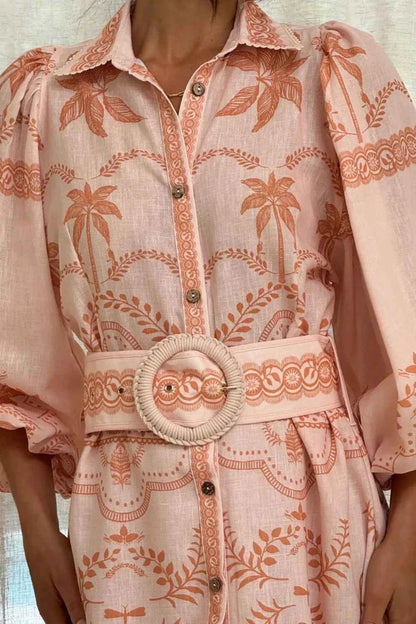 Printed Balloon Sleeve Maxi Shirt Dress