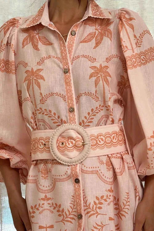 Printed Balloon Sleeve Maxi Shirt Dress