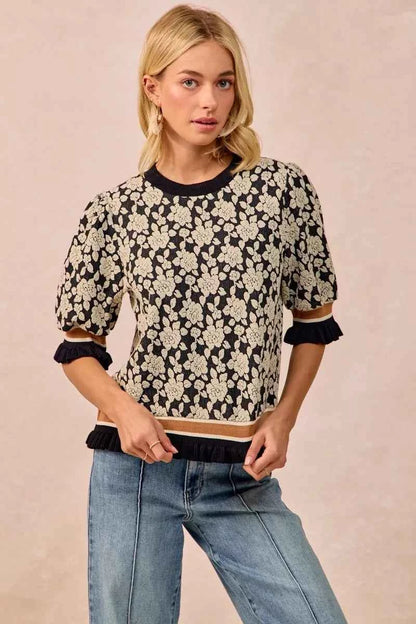 BiBi Textured Rose Knit Top Contrast Banded Puff Sleeve