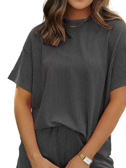 Full Size Ribbed Short Sleeve Top and Shorts Two-Piece Set Plus Size