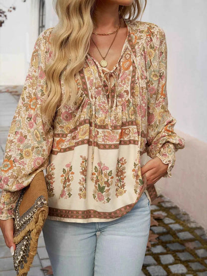 Floral Print Tie Neck Bohemian Blouse