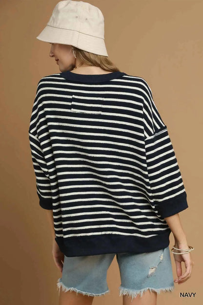 Umgee Ribbed Hem Striped Oversized Knit Top