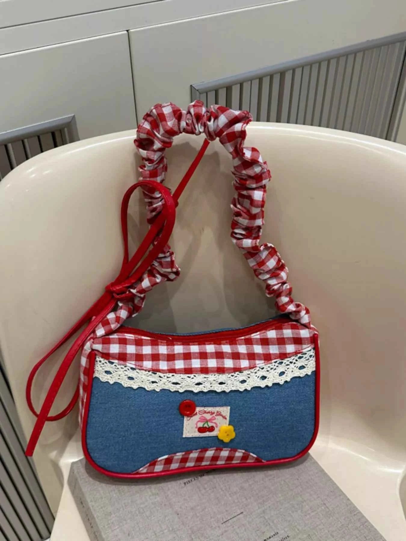 Cherry Plaid Strap Crossbody Bag