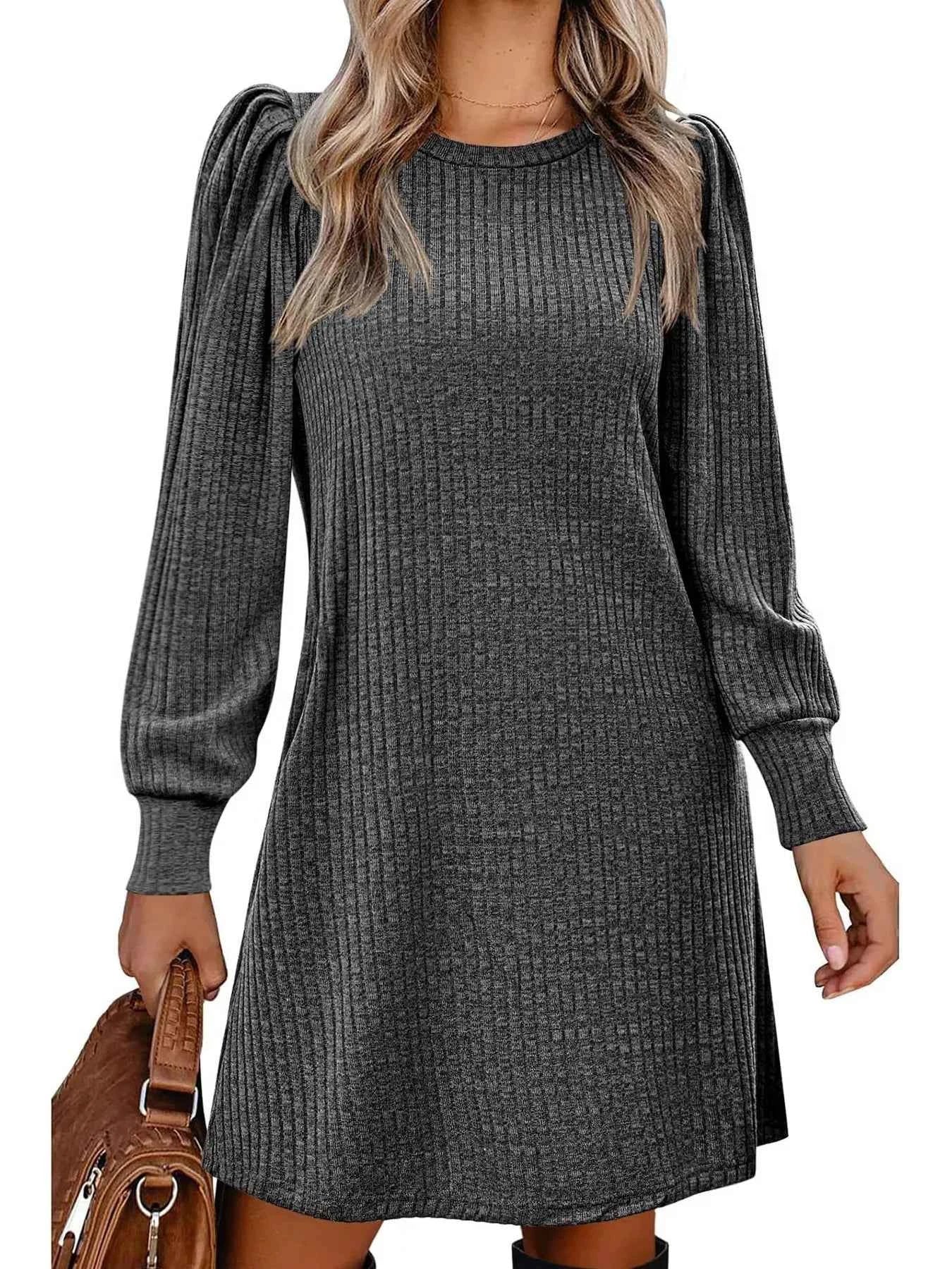 Ribbed Knit Puff Sleeve Casual Mini Dress