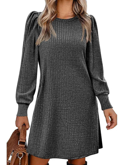 Ribbed Knit Puff Sleeve Casual Mini Dress
