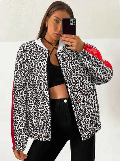 Leopard Zip Up Bomber Jacket with Contrast Side Stripes