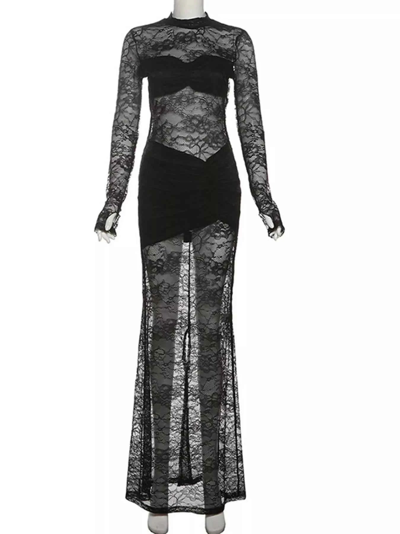 Lace Sheer Mock Neck Long Sleeve Maxi Dress