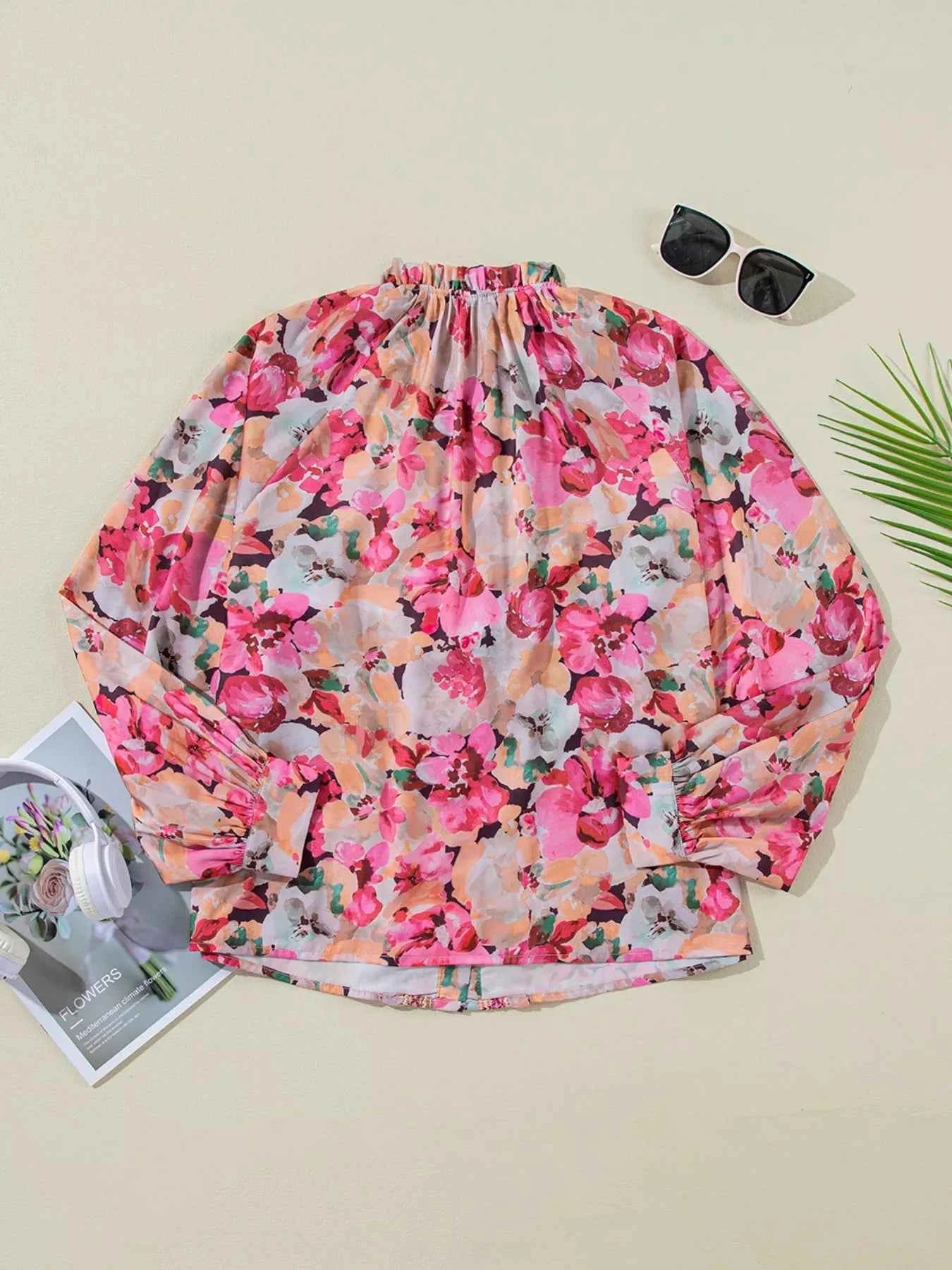 Floral Print Ruffle Trim Long Sleeve Shirt