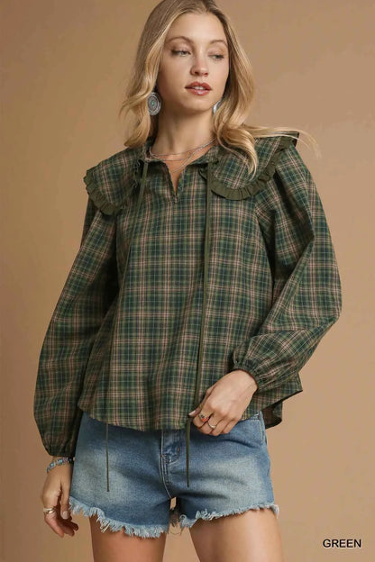 Umgee Full Size Plaid Ruffle Collar Blouse Plus Size