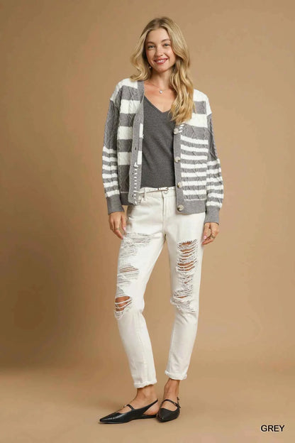 Umgee Cable-Knit Stripe Button-Up Cardigan