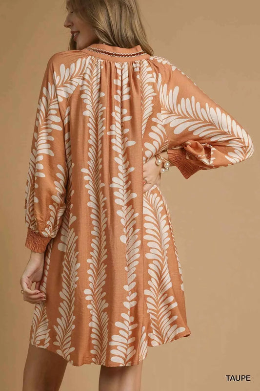 Umgee Leaf Print Notched Mini Babydoll Dress