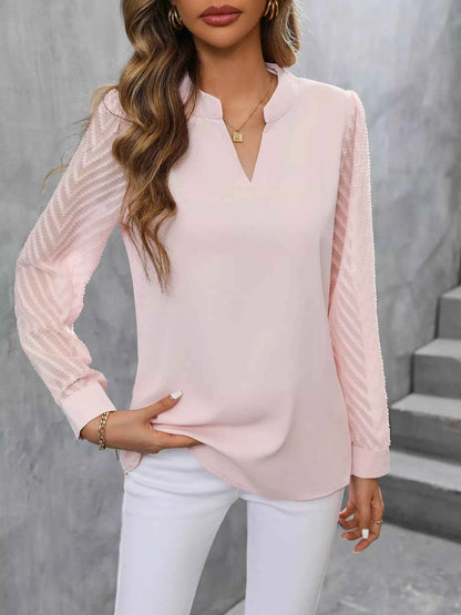 Sheer Sleeve V-Neck Blouse