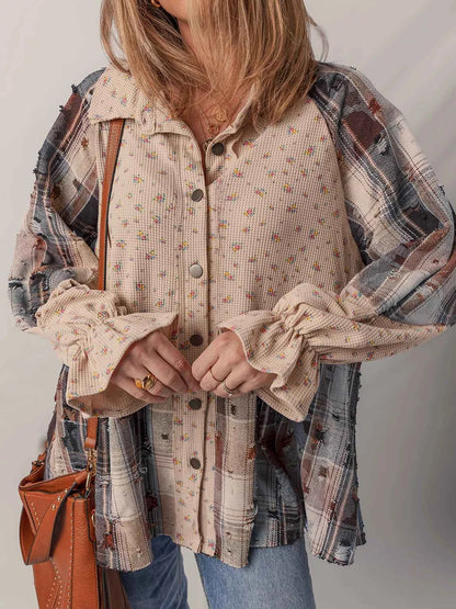 Boho Floral Plaid Patchwork Distressed Detail Ruffled Sleeve Waffle Knit Shacket