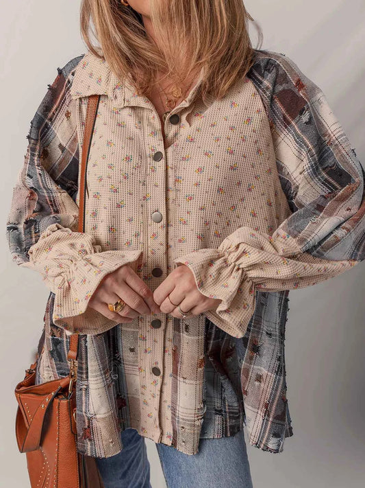 Boho Floral Plaid Patchwork Distressed Detail Ruffled Sleeve Waffle Knit Shacket