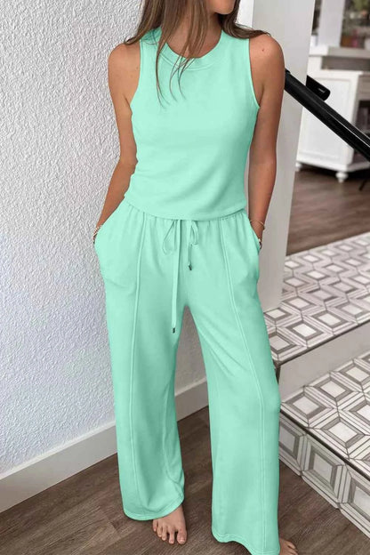 Drawstring Elastic Waistband Solid Color Two Piece Casual Set