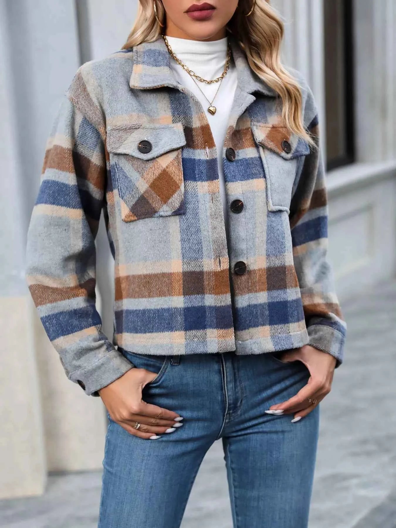 Plaid Oversized Button-Up Cropped Jacket