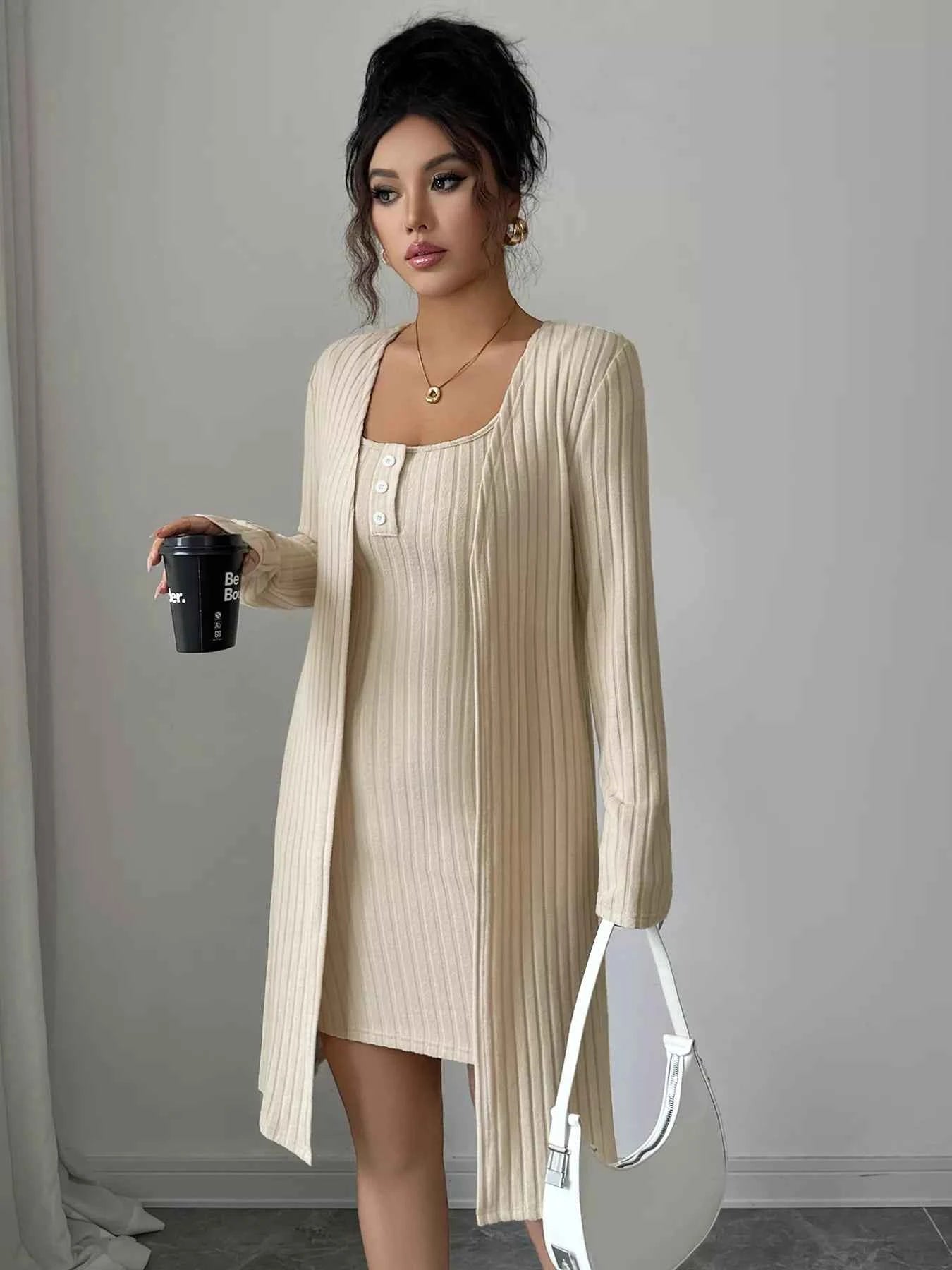 Ribbed Knit Cardigan & Dress Sweater Set
