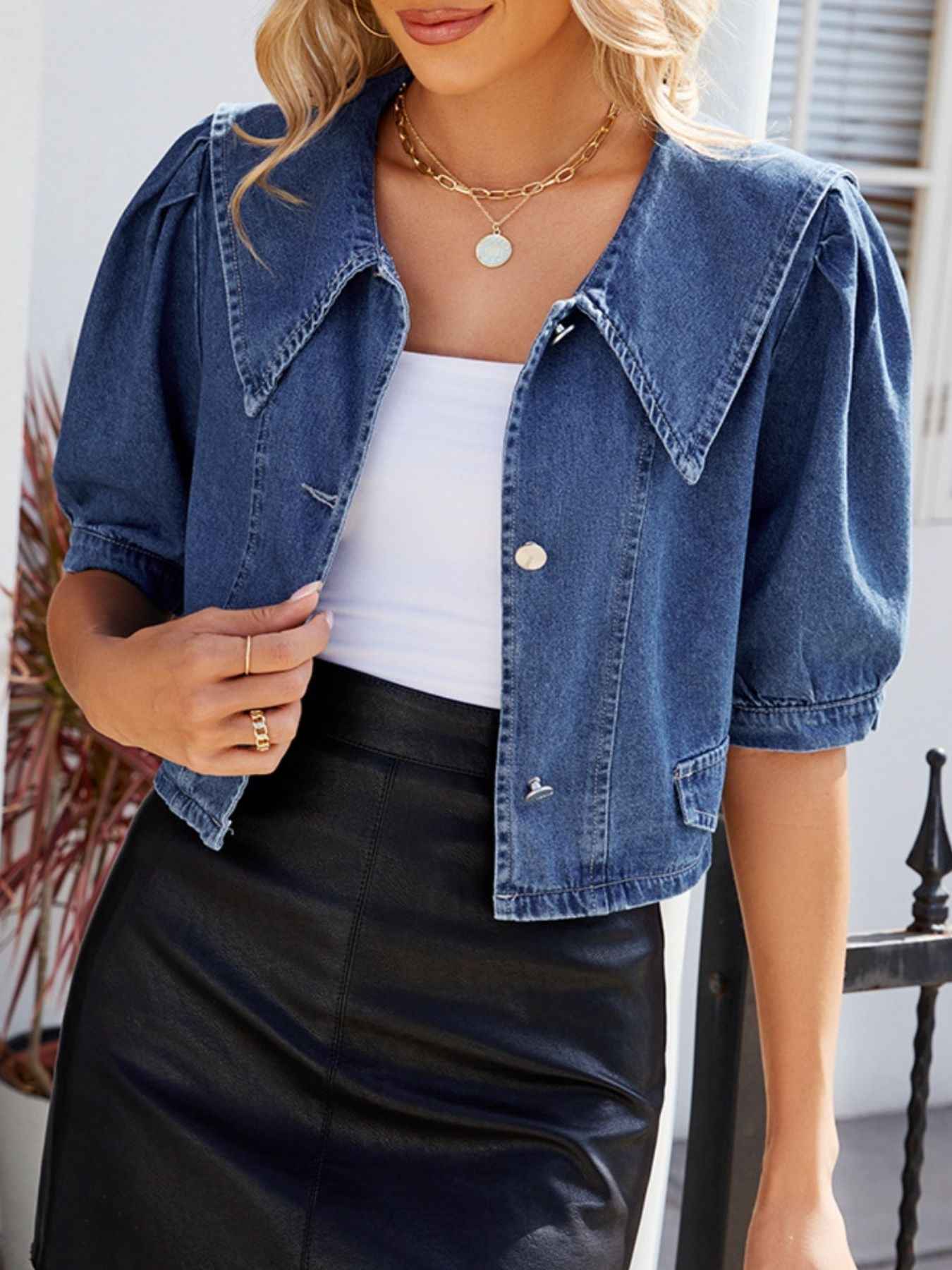 Button Up Puff Sleeve Denim Top