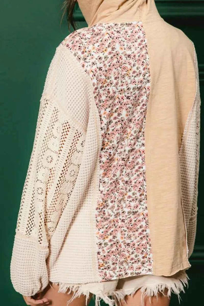 BiBi Slub Jersey with Lace Combo Buttoned Hoodie Top