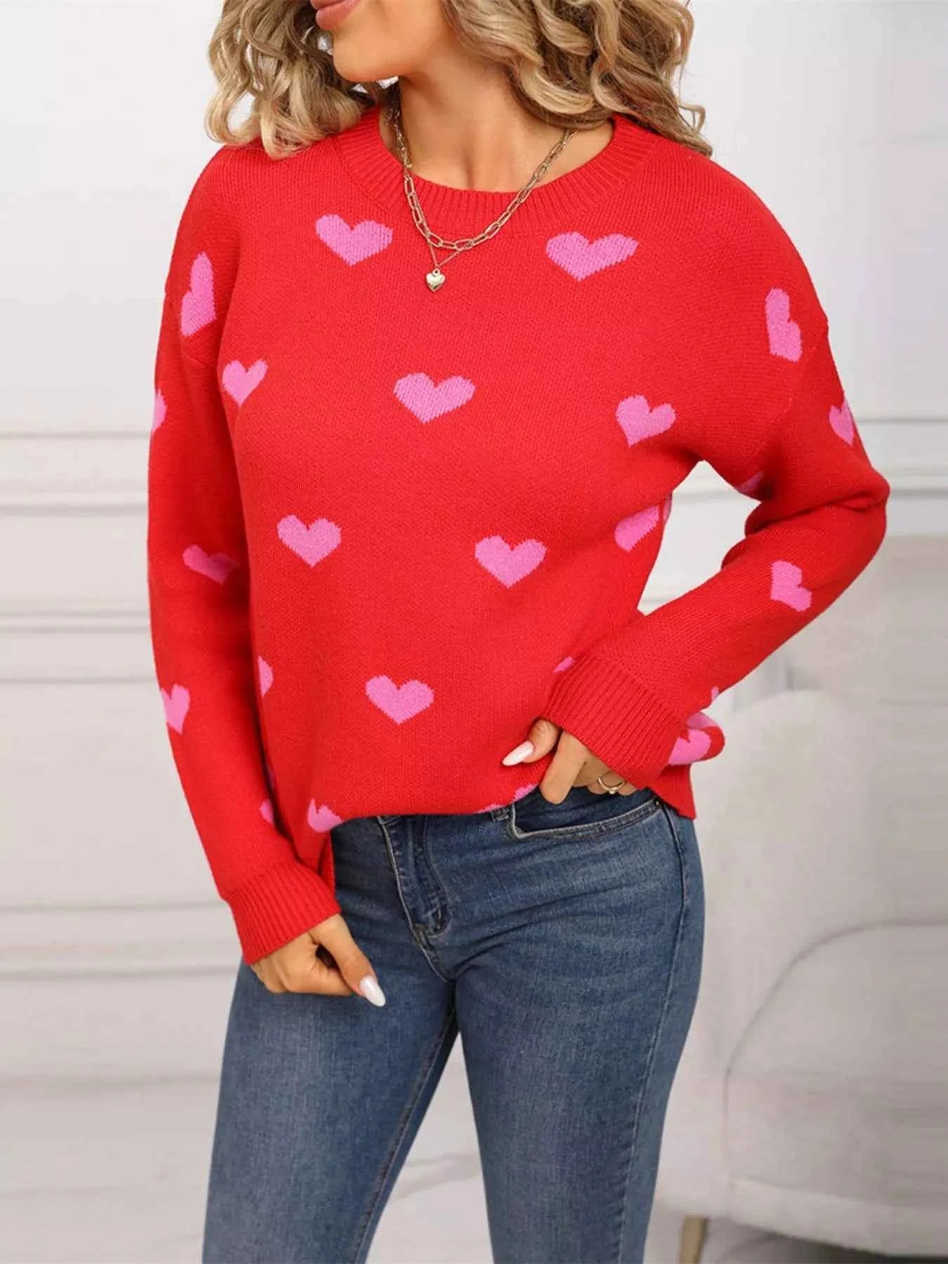 Valentine's Day Heart Pattern Dropped Shoulder Sweater