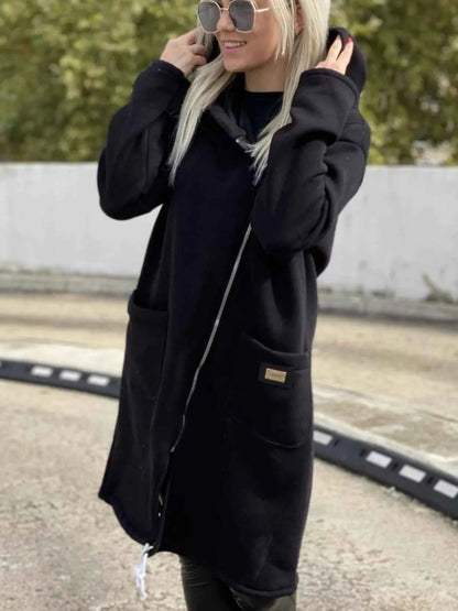 Full Size Asymmetrical Zip-Up Hooded Fleece Outerwear Plus Size