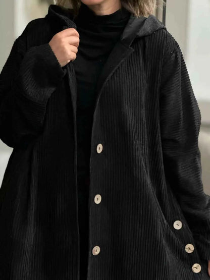 Full Size Corduroy Hooded Button-Up Jacket Plus Size