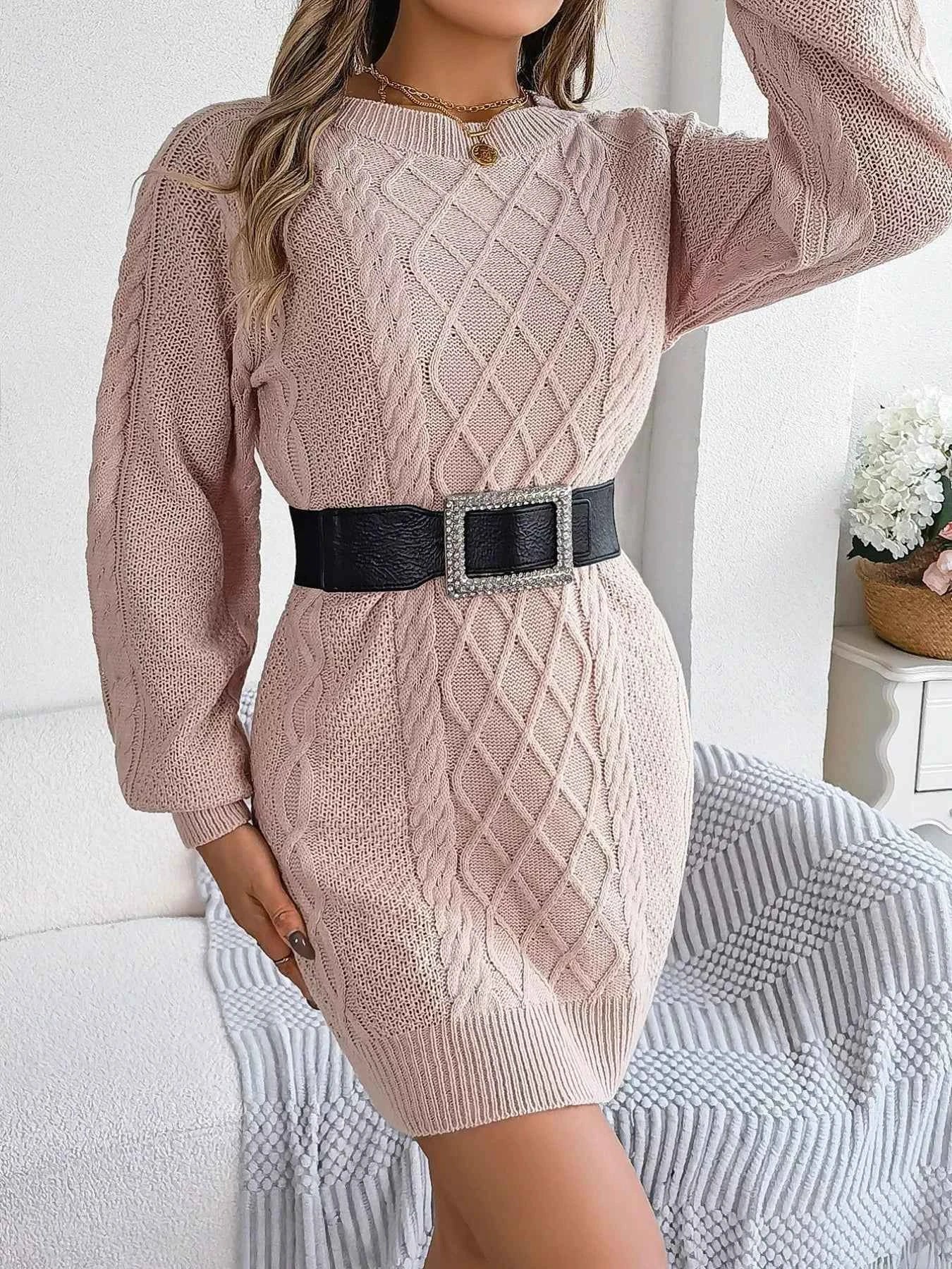 Diamond Cable Knit Sweater Dress with Long Sleeves
