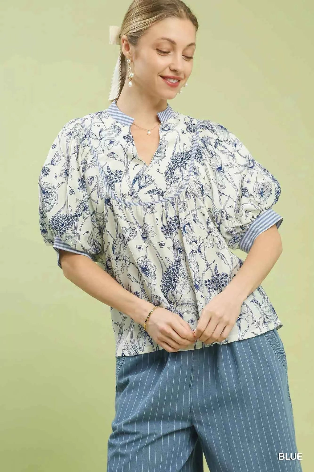 Umgee Mixed Print Puff Sleeve Split Neck Top