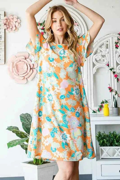 Heimish Full Size Ruffled Short Sleeve Floral Mini Dress Plus Size