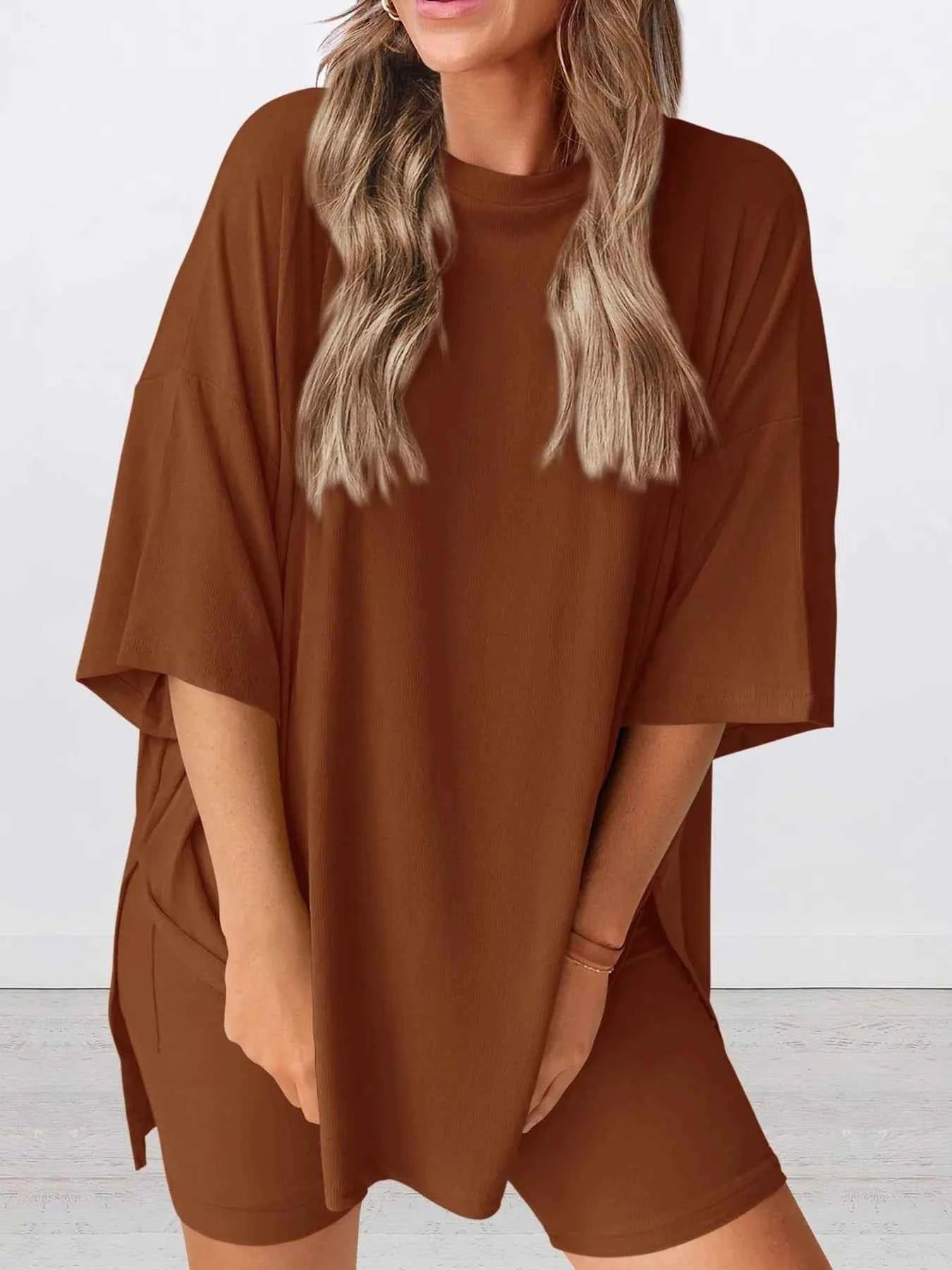 Full Size Oversized Round Neck Top and Shorts Set Plus Size