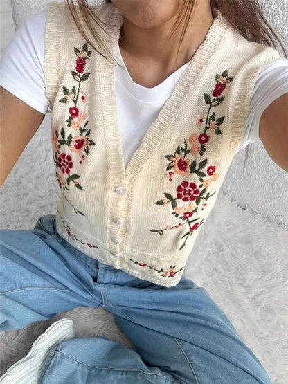 Embroidered Button Up Sweater Vest