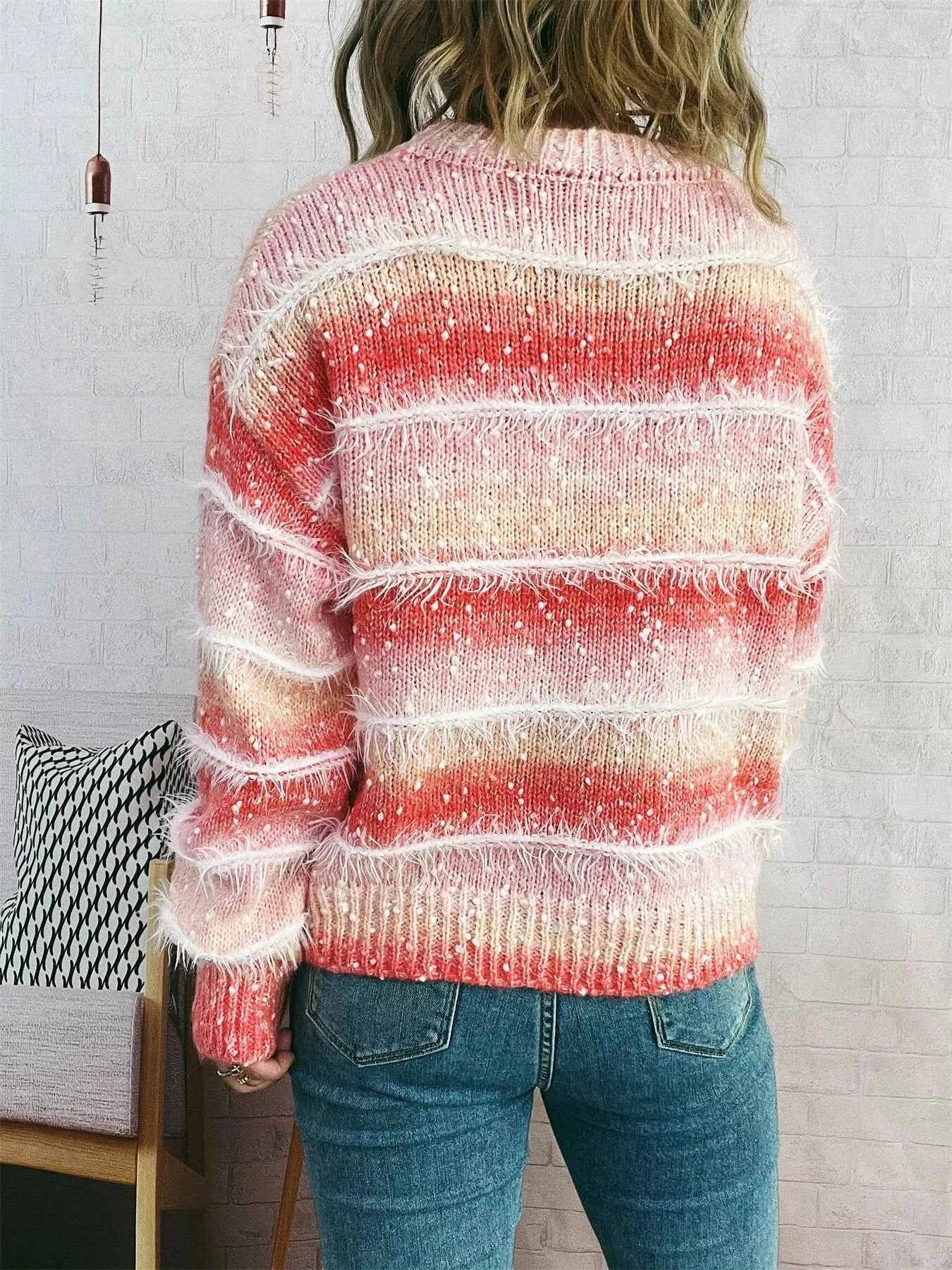 Gradient Striped Round Neck Sweater