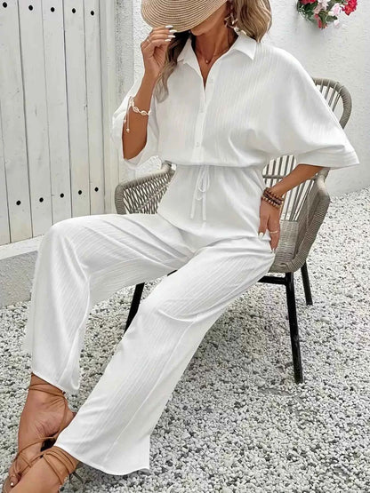 Button Front Half Sleeve Wide Leg Jumpsuit