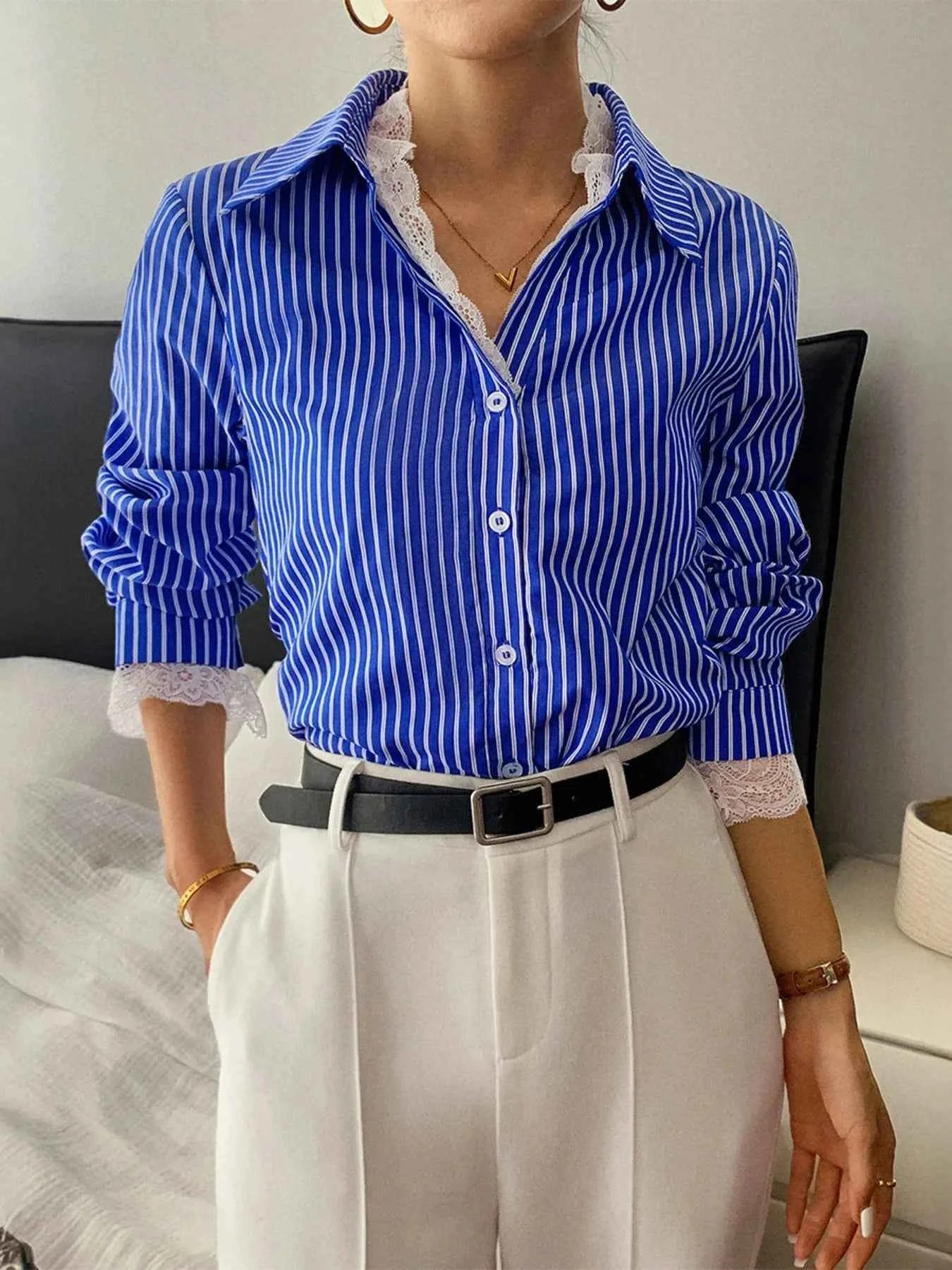 Striped Button-Down Shirt with Lace Detail