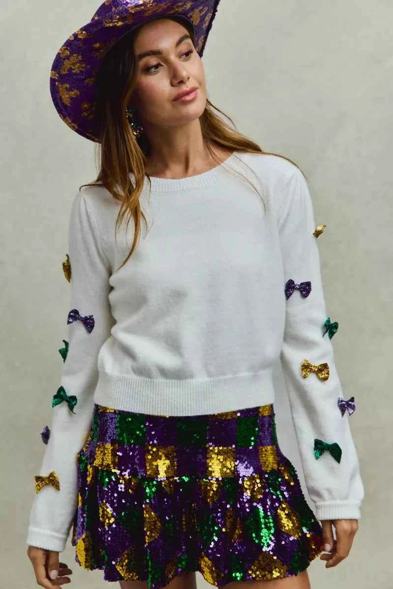 SO ME Mardi Gras Glitter Bow Ribbon Sweater Knit Top