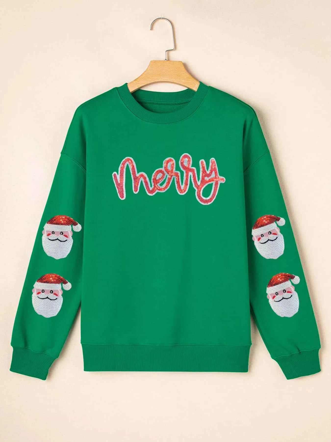 Sequin Letter Graphic Father Christmas Patched Sleeve Drop Shoulder Sweatshirt