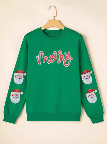 Sequin Letter Graphic Father Christmas Patched Sleeve Drop Shoulder Sweatshirt