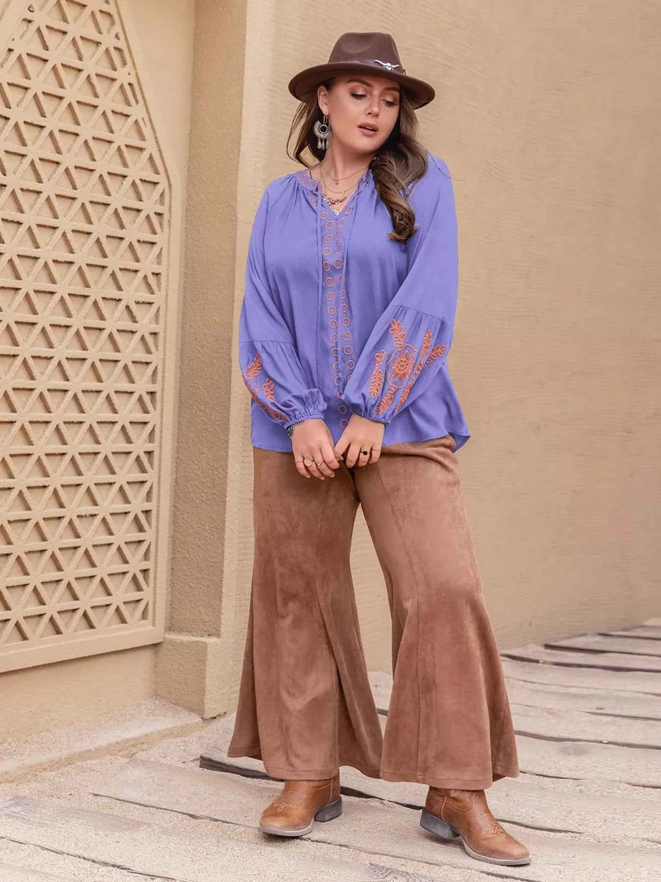 Plus Size Boho Embroidered Long Sleeve Blouse